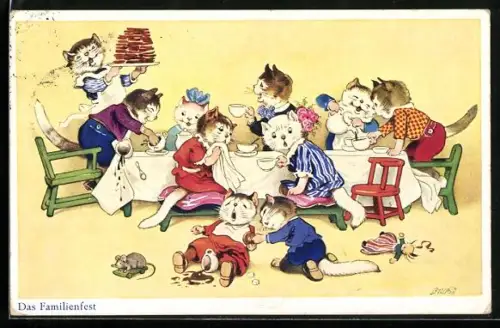 Künstler-AK Fritz Baumgarten: Familienfest der Katzen - Bei Tisch