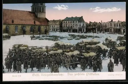 AK Pillkallen, Deutsche Soldaten mit Gespannen auf dem Marktplatz