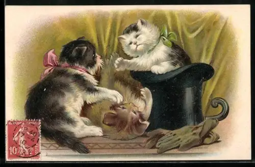 AK Drei kleine Katzen mit Zylinder