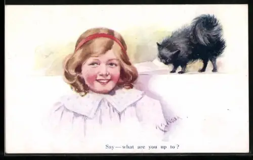 Künstler-AK Nash: Say - what are you up to?, Mädchen mit neugierigem Spitz