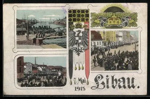 AK Libau, Strassenpartie mit Geschäften, Brücke, Ortspartie