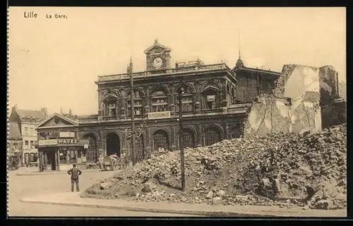 AK Lille, Nordbahnhof, La Gare, Zerstörtes Gebäude