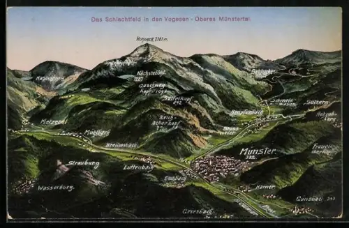 AK Mühlbach /Oberes Münstertal, Das Schlachtfeld in den Vogesen, Panorama mit Münster, Mühlbach und Sattelkopf