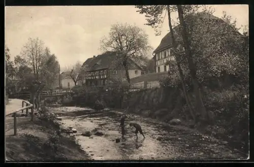 AK Reichenau i. Sa., Ortspartie, Kinder im Flussbett