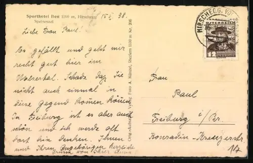 AK Hirschegg, Sporthotel Iten, Speisesaal mit Portrait