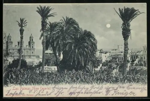 Mondschein-AK Las Palmas /Gran Canaria, Ortspanorama mit Turmgebäude
