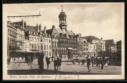 AK Mons, Grosser Platz mit Rathaus u. Strassenbahn