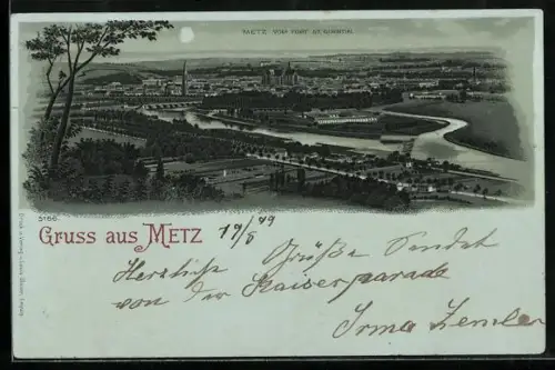 Mondschein-Lithographie Metz, Ortsansicht vom Fort St. Quentin