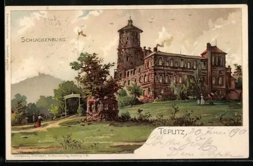Lithographie Teplitz, Schlackenburg mit Eingang und Umgebung, Ruine