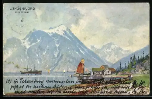 Künstler-AK Lijngenfjord, Ortsansicht mit Bergen, Dampfer