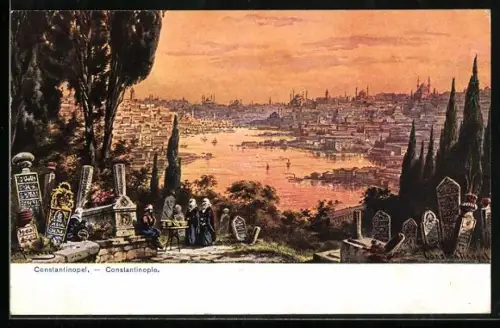 Künstler-AK F.Perlberg: Constantinopel, Blick auf die Stadt im Sonnenuntergang