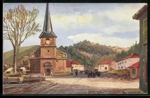 Künstler-AK Libine, Platz mit Kirche, l'Eglise