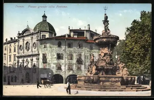 AK Trento, Der grosse Platz mit Springbrunnen