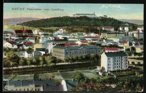 AK Brünn, Stadtansicht mit Spielberg aus der Vogelschau