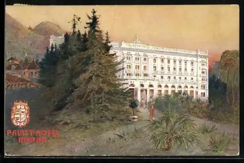 Künstler-AK Meran, Blick zum Palast-Hotel, Bes. Franz Leibl