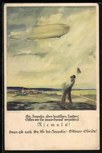 Künstler-AK Otto Amtsberg: Bauer winkt dem Zeppelin zu, Zeppelin-Eckener-Spende