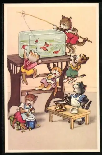 AK freche Katzenkinder angeln im Aquarium, vermenschlichte Tiere