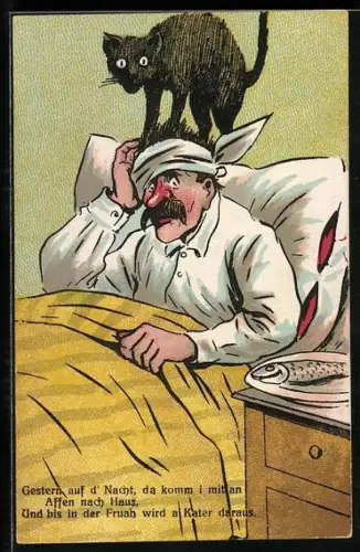 Künstler-AK Betrunkener hat einen Kater im Bett, Kater steht auf dem Kopf