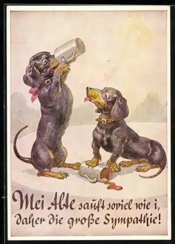 AK Dackelpärchen trinkt aus Bechern