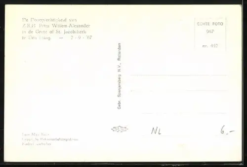 AK Den Haag, Dooplechtigheid van Z. K. H. Prins Willem-Alexander von den Niederlanden in de Grote of St. Jacobskerk 1967