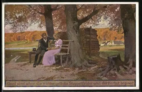 Künstler-AK P. Hey: Herbst, Pärchen sitzt auf der Bank unter den Bäumen, Mann hält die Hand der Frau