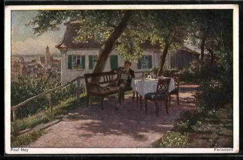 Künstler-AK Paul Hey: Mann sitzt gemütlich an einem Tisch und liest, Verein für das Deutschtum im Ausland