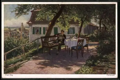 Künstler-AK Paul Hey: Mann sitzt gemütlich an einem Tisch und liest, Verein für das Deutschtum im Ausland