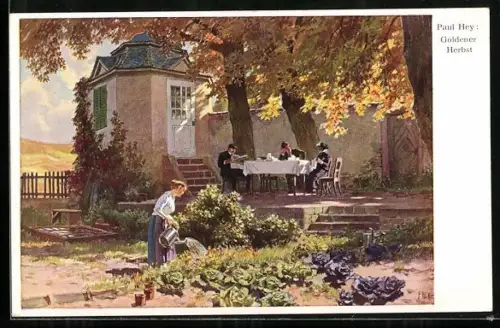 Künstler-AK P. Hey: Goldener Herbst, Männer sitzen Tisch, Frau giesst die Blumen mit der Kanne