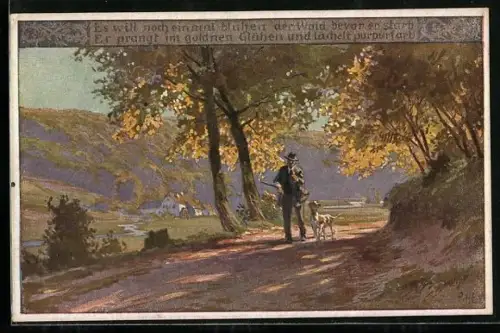 Künstler-AK P. Hey: Jäger mit Hund am Waldrand