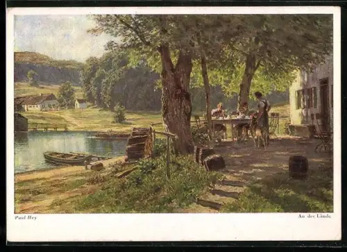 Künstler-AK Paul Hey: Männer sitzen im Gasthaus an der Lände