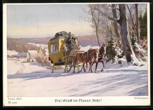Künstler-AK Paul Hey: Pferdeschlitten unterwegs im Schnee, Herzliche Neujahrsgrüsse!