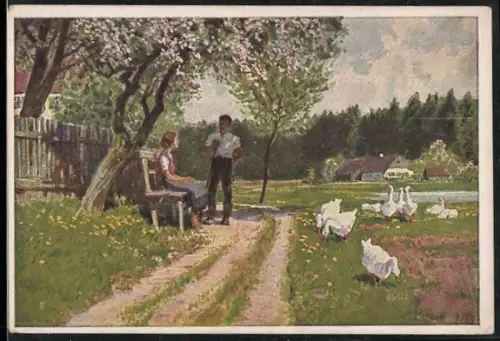 Künstler-AK Paul Hey: Frühling, Wanderer und Gänsemagd