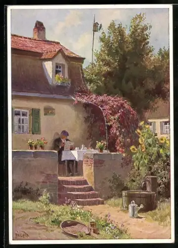 Künstler-AK Paul Hey 1958: Alte Frau liest Zeitung beim Kaffee