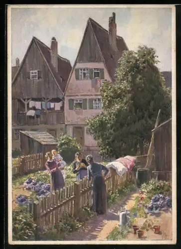 Künstler-AK P. Hey: Kleinstadt, Neuigkeiten, Frauen beim Tratsch am Gartenzaun