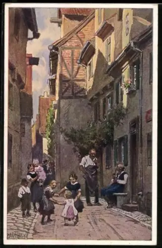 Künstler-AK Paul Hey: Vom Morgen zum Abend, Kinder spielen in Gasse