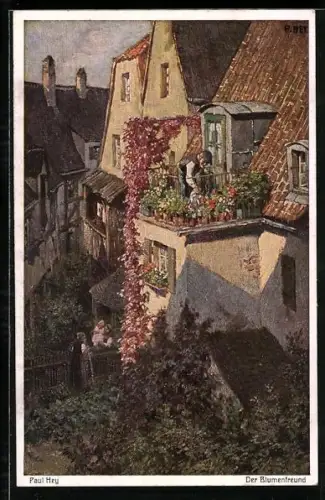 Künstler-AK Paul Hey: Der Blumenfreund giesst seine Pflanzen auf dem Dachbalkon, Verein für das Deutschtum im Ausland