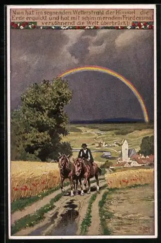 Künstler-AK P. Hey: Mann reitet auf Feldweg, im Hintergrund Regenbogen