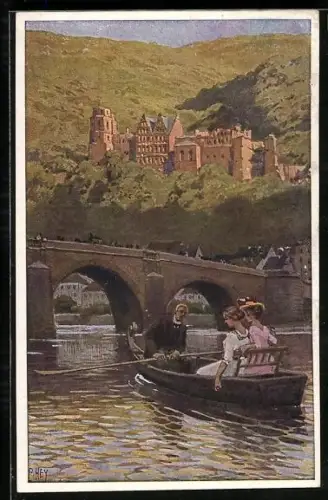 Künstler-AK P. Hey: Alt-Heidelberg, Mann mit zwei Frauen auf einem Fluss