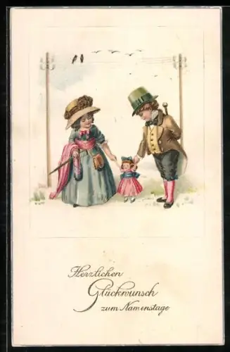 AK Kinderpaar spielt mit einer Puppe, Glückwunsch zum Namenstag