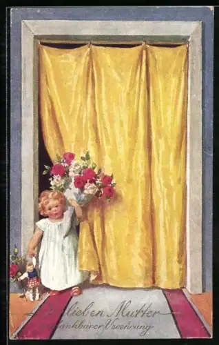 Künstler-AK Brüder Kohn (B.K.W.I) Nr. 204-2: Kleines Mädchen mit Blumenstrauss und Puppe an der Hand