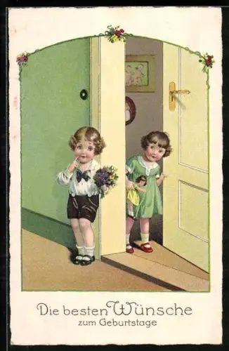 AK Junge mit Blumen für Mädchen mit Puppe, Geburtstagsgruss