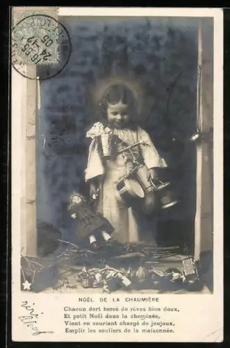 AK Kleines Mädchen mit Puppe und Trommeln, Noel de la Chaumière