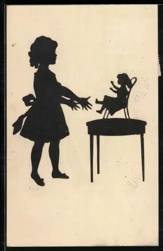 AK Schattenbild, Mädchen spielt mit einer Puppe