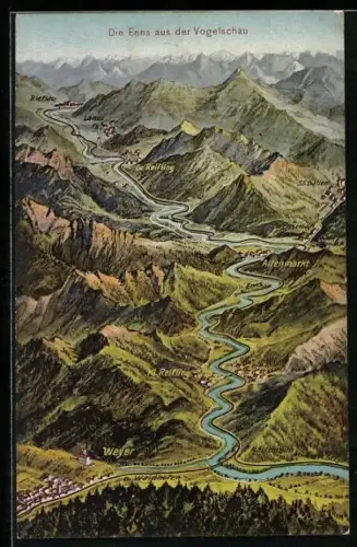 Künstler-AK Altenmarkt /Enns, Flusslauf mit Weyer, St. Gallen, Hieflau