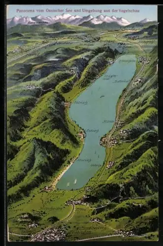 Künstler-AK Ossiach /Ossiacher See, Panorama vom See und Umgebung aus der Vogelschau