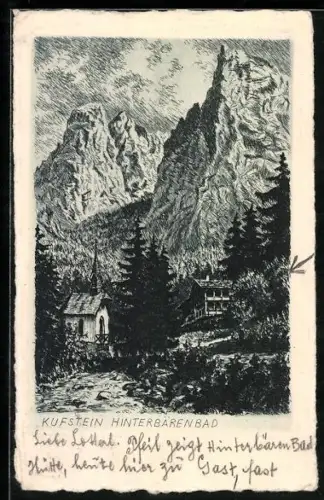 Künstler-AK Kufstein /Kaiserthal, Hinterbärenbad mit Bergpanorama