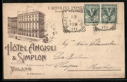 Lithographie Milano, Hôtel Angioli & Simplon