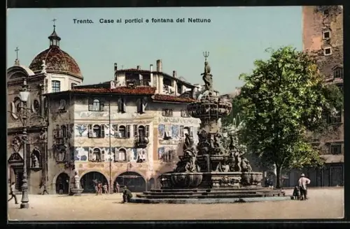 AK Trento / Trient, Case ai portici e fontana del Nettuno