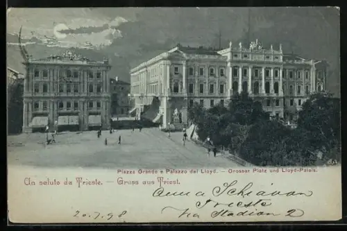 Mondschein-AK Triest, Piazza Grande e Palazzo del Lloyd