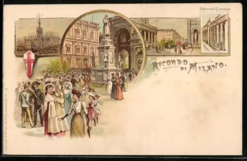 Lithographie Milano, Colonne di S. Lorenzo, Piazza della Scala